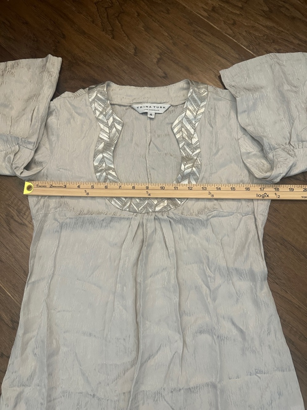 Trina Turk Size 4 Silk Metallic Shimmer embroidered Bell Sleeve Tunic Dress - Picture 5 of 8